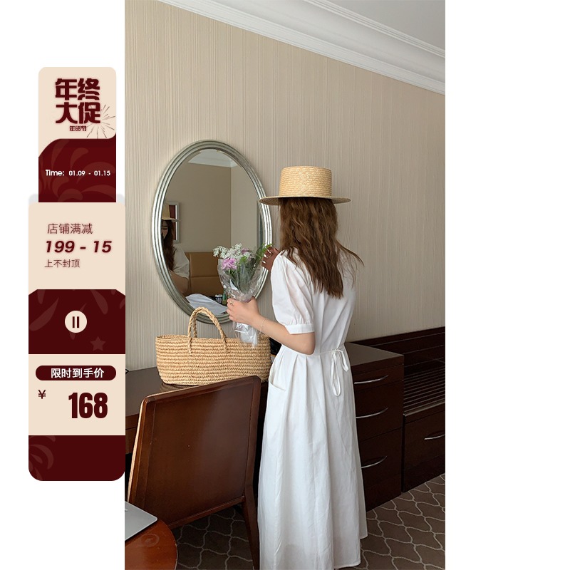 FCYstudio White V-neck dress women 2021 New Korean version of waist thin temperament first love skirt