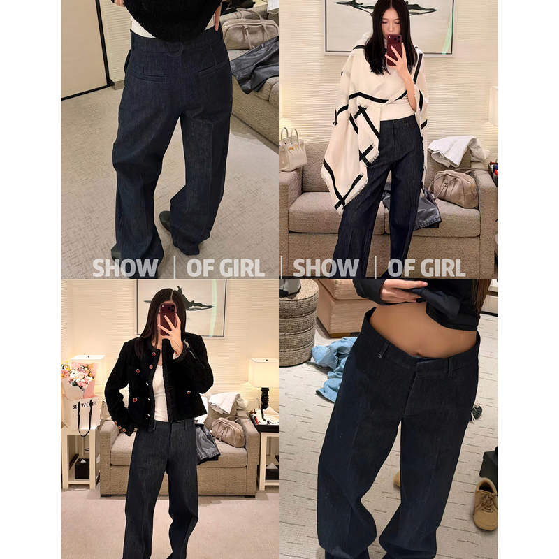 Show of Girl 26K Slim Waist Indigo! Vintage Casual Washed Denim Women's Metal Decorated Straight Leg Pants Show of Girl 26K Slim Waist Indigo! Vintage Casual Washed Denim Women's Metal Decorated Straight Leg Pants