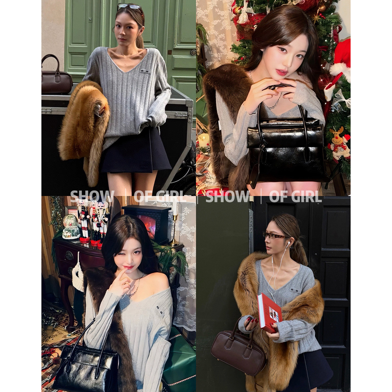 Show of Girl 26Ss Zhang Yuanying's Same Style! Lazy Style V-Neck Knit Sweater Loose Pullover Top