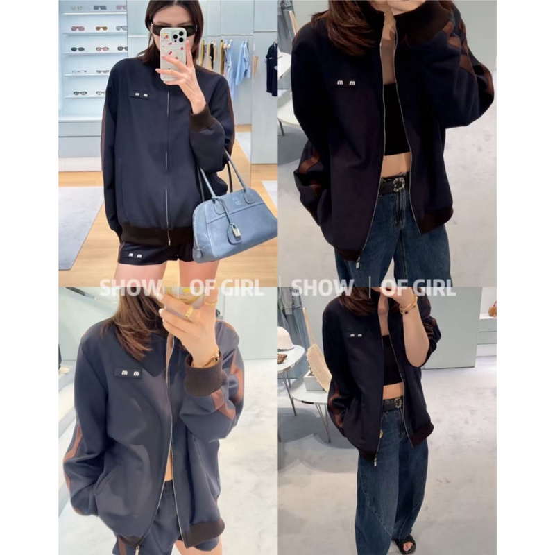 Show of Girl 26Fw Retro Cool Style! Brown Trim Contrasting Color Stand Collar Zipper Jacket Loose Coat/Shorts Show of Girl 26Fw Retro Cool Style! Brown Trim Contrasting Color Stand Collar Zipper Jacket Loose Coat/Shorts