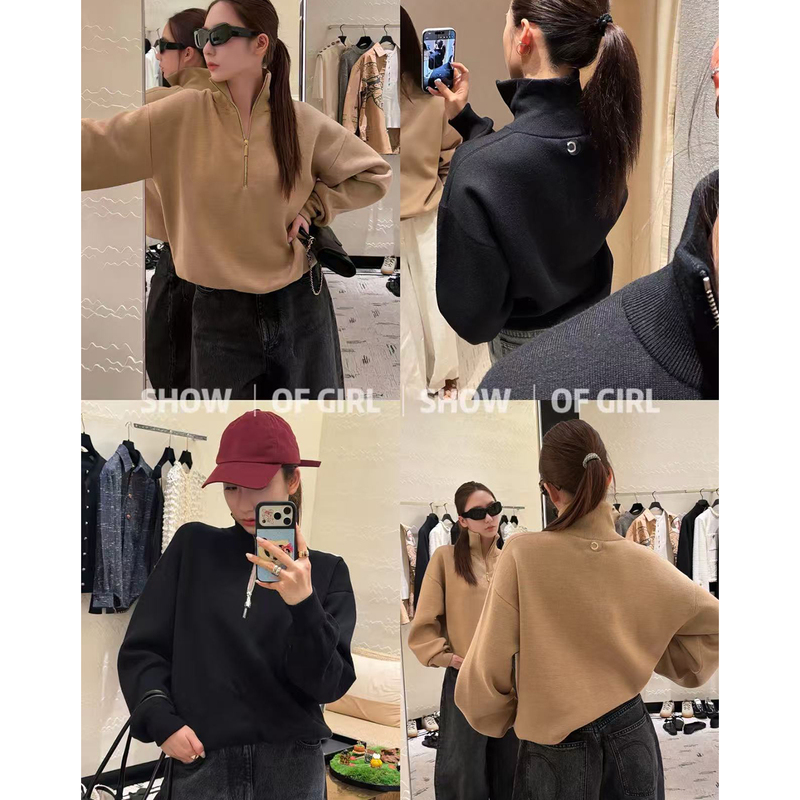 Show of Girl 26A Elegant and Simple! Half-Zip Stand Collar Loose Long-Sleeve Sweatshirt Knit Sweater for Women
