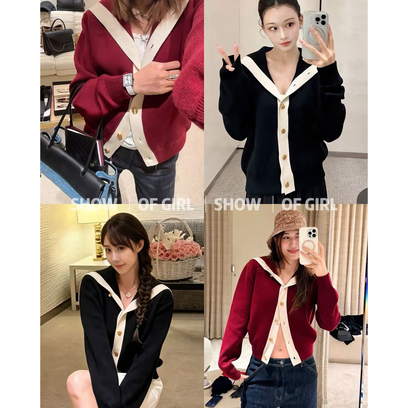 Show of Girl 26B Intelligent Knitting Rhythm! Early Autumn Color-Block Navy Collar Gold Button Knitted Cardigan Sweater