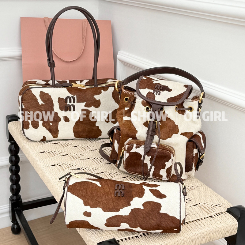 Show of Girl Is Full of Eye-Catching Appeal! Caramel Cow Print Limited Edition Cylinder Bag/Briefcase/Backpack
