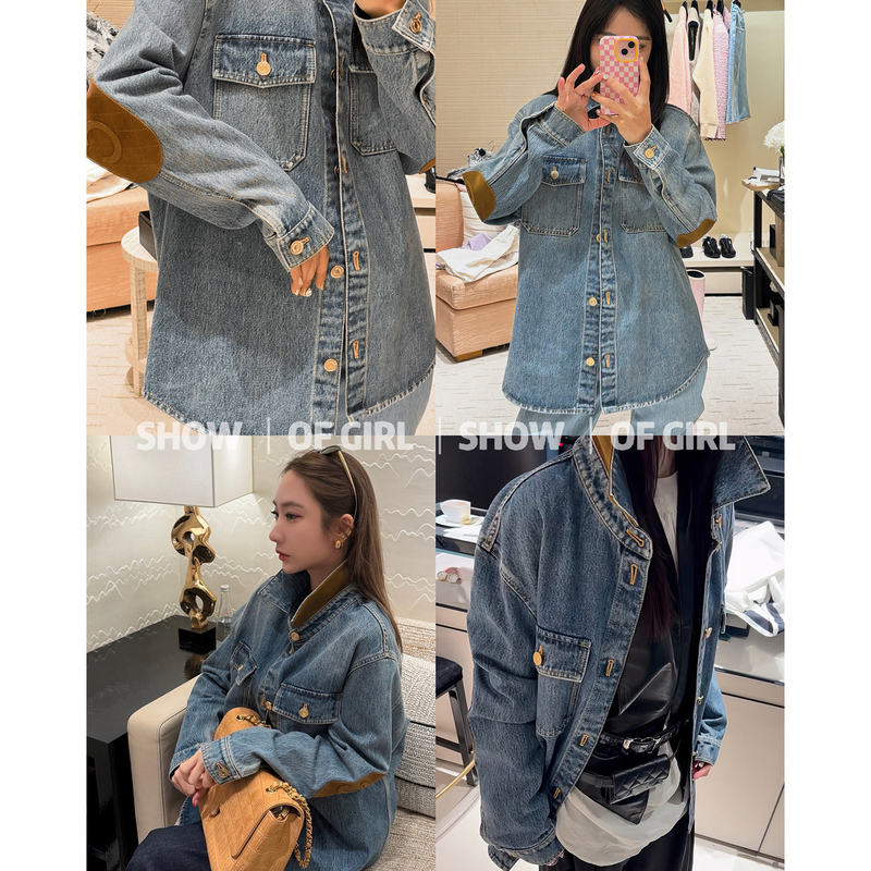 Show of Girl 26K Gold-Plated Brown Relaxed Fit! Suede Patch Gold Buckle Washed Denim Polo Shirt Jacket