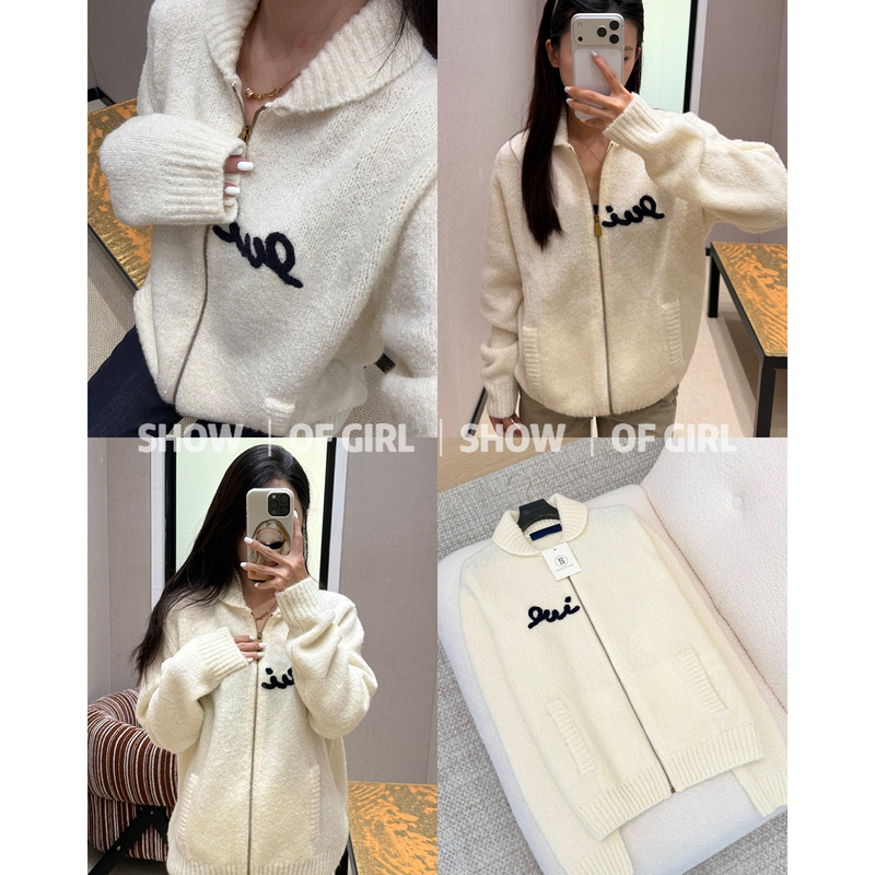 Show of Girl 26Fw Close Your Eyes and Try It! Soft Letter Embroidery Zipper Knit Cardigan with a Turn-Down Collar Sweater Jacket