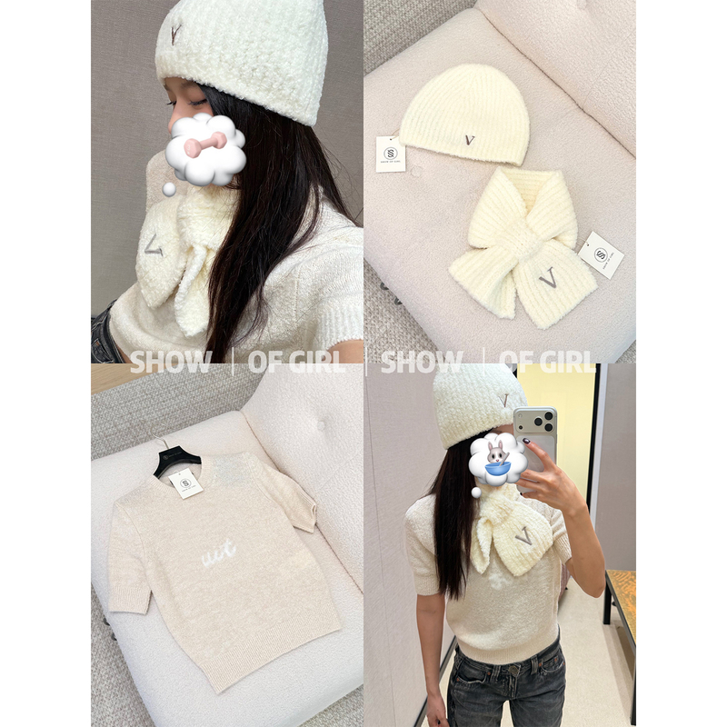 Show of Girl 26S Is a Great Winter Match! Comfortable and Warm Embroidered Knit Short-Sleeve Top/Beanie/Scarf for Women