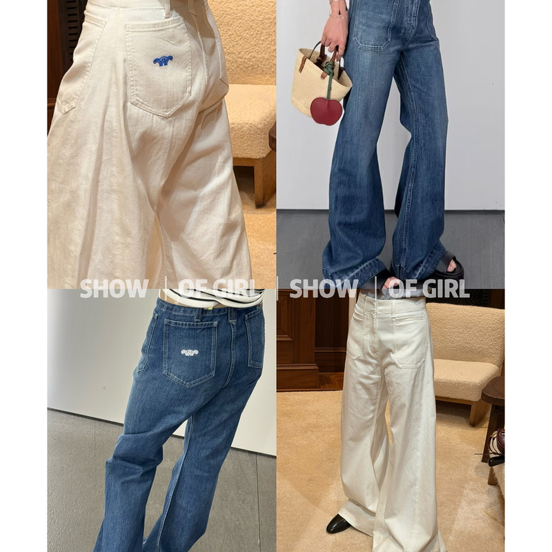 Show of Girl 26Ss Is so Versatile! Casual White High-Waisted Wide-Leg Pants, Loose Embroidered Jeans