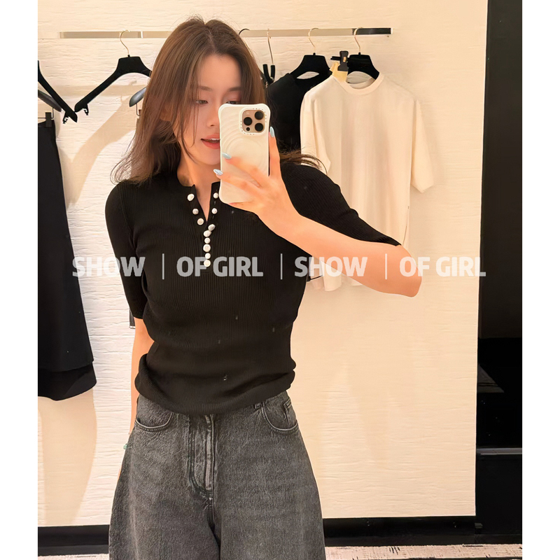 Show of Girl 26A Pearl Soft Knit! Irregular Pearl Button Knitwear Slim Fit Short Sleeve Top