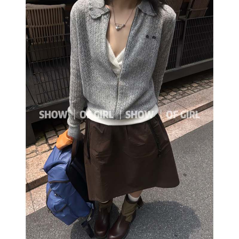 Show of Girl 26Ss Sheer Fabric Flutters! Letter Embroidery Hollow Zipper Lapel Knitted Cardigan Jacket