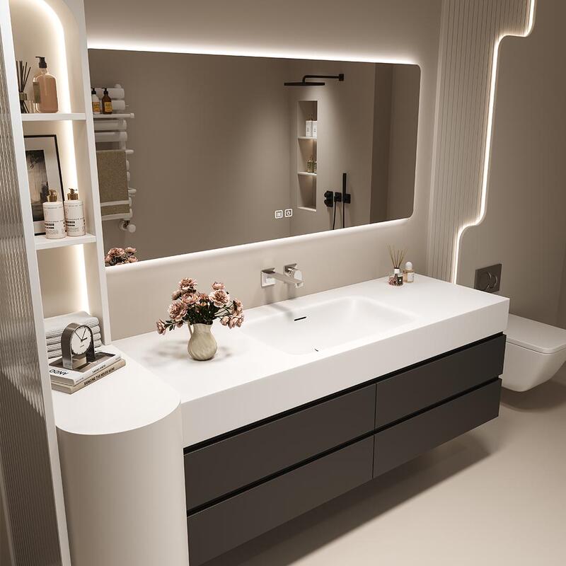Luxurious Orange Corian Integrated Basin Bathroom Cabinet Set with a Seamless Hot-Bent Rock Slab Washstand Luxurious Orange Corian Integrated Basin Bathroom Cabinet Set with a Seamless Hot-Bent Rock Slab Washstand