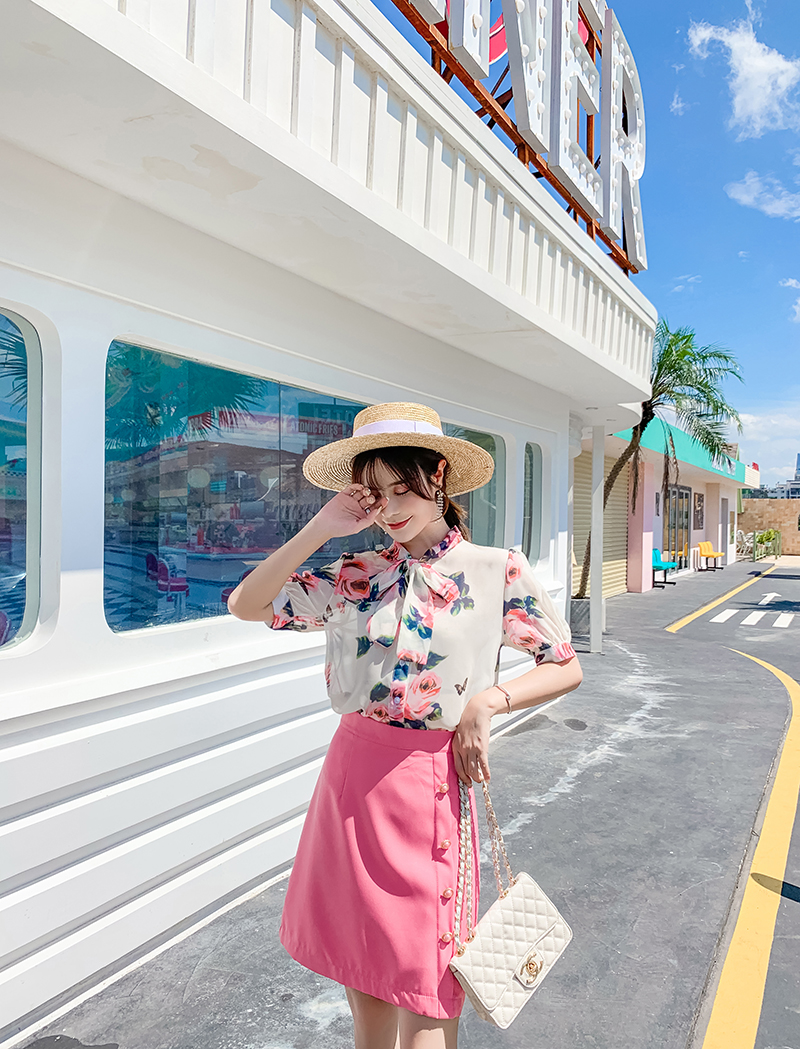 VK旗艦店 韓系蝴蝶結碎花襯衫高腰排扣裙套裝短袖裙裝