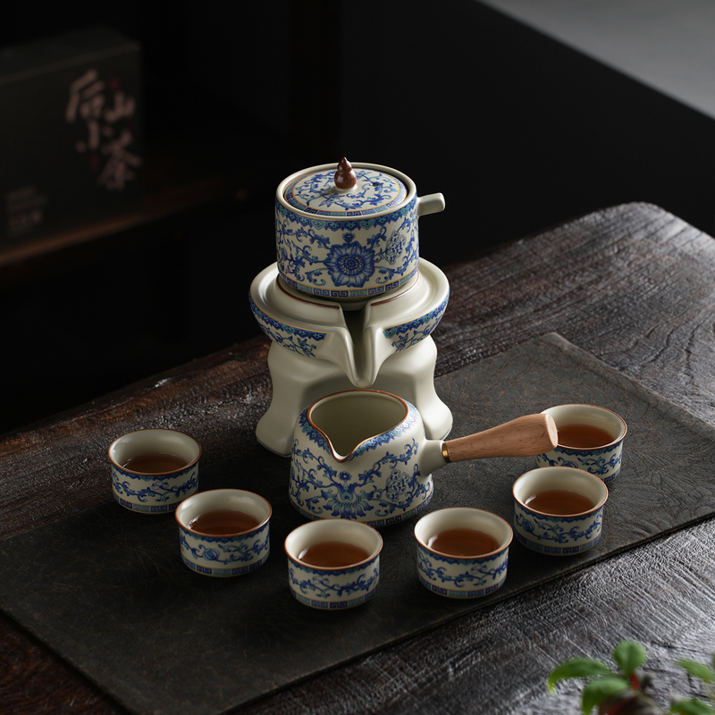 Blue and White Ru Kiln Ceramic Automatic Kung Fu Tea Set, Lazy Person's Tea Brewing Gadget, One Pot Six Cups, Household Tea Cups and Teapot