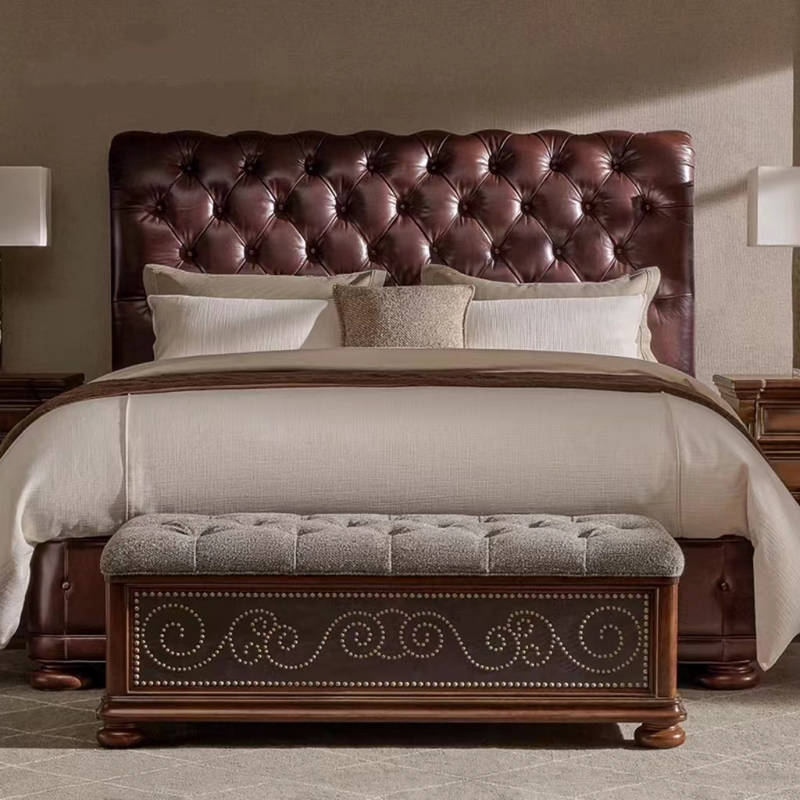 American-Style Art Furniture, Solid Wood Whiskey Leather Bed, French-Style Oil-Waxed Leather Tufted Soft-Cover Wedding Bed American-Style Art Furniture, Solid Wood Whiskey Leather Bed, French-Style Oil-Waxed Leather Tufted Soft-Cover Wedding Bed