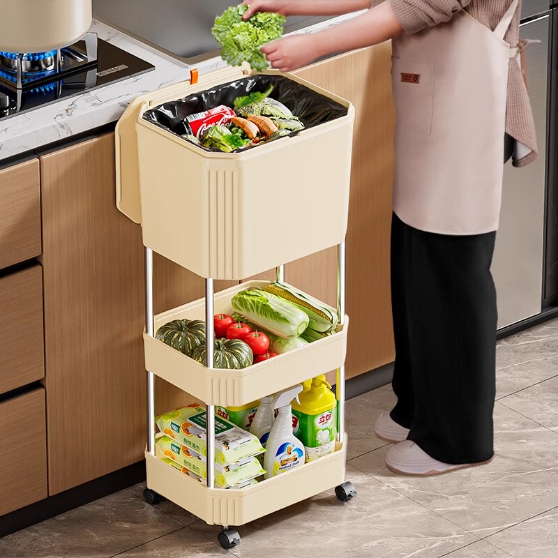 Kitchen Trash Can for Home Use, Tall Double-Layer Design, No Need to Bend Over, 2024 New Model with Lid, Large Capacity, with Wheels, Movable