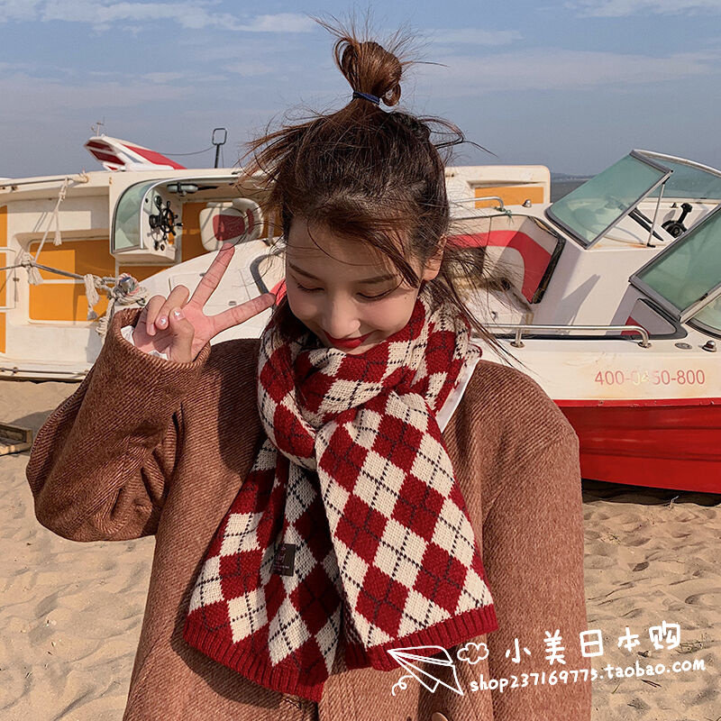 Japan GP official website Japanese diamond plaid scarf women's wool knitting thickened warm scarf general winter