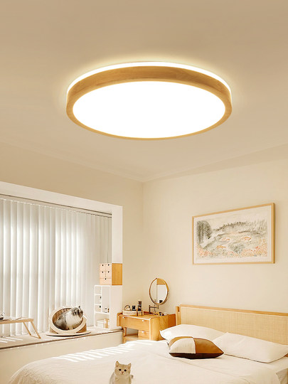 原木风卧室灯led吸顶灯木质圆形现代简约房间阳台日式灯实木灯具