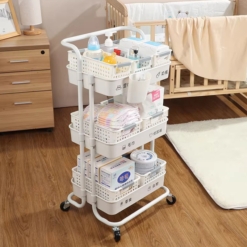 Baby Product Storage Rack, Small Cart, Multi-Layer Floor-Standing Mobile Storage Rack for Newborns and Baby Snacks