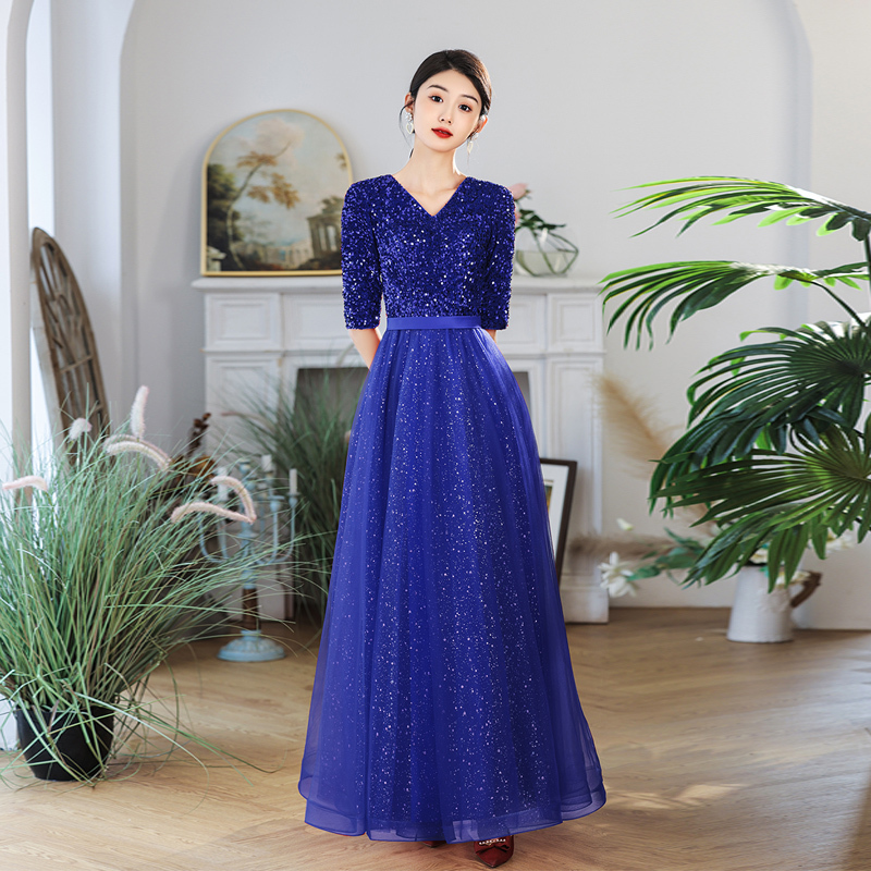 Performance Clothing Choir Banquet Annual Meeting Evening Dress Long Mid-Sleeve Lace Bride Wedding Toast Dress for Women