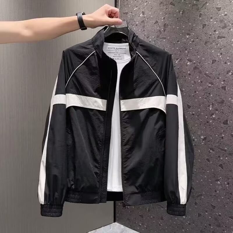 Spring and Autumn Color-Blocking Stand-Collar Jacket for Men, Trendy, Fashionable, Simple, Versatile, Youth Casual Workwear Sports Jacket