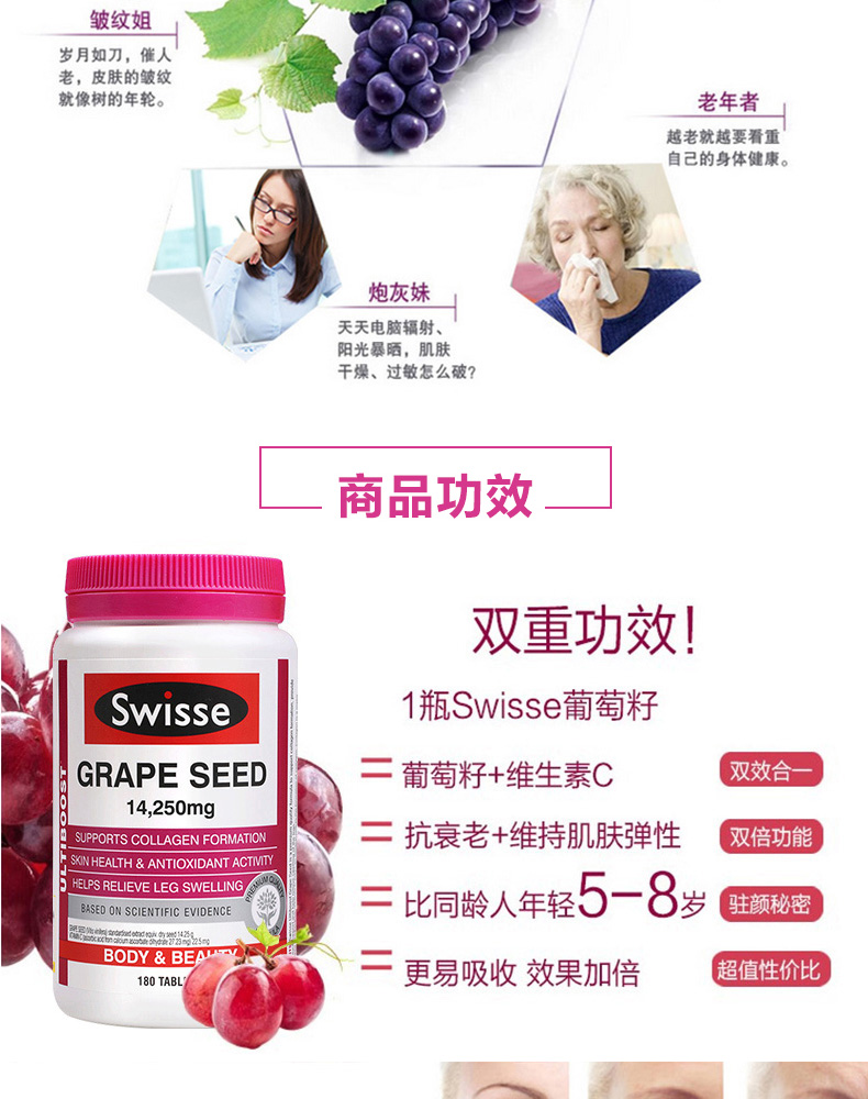 【Swisse】进口花青素葡萄籽180片