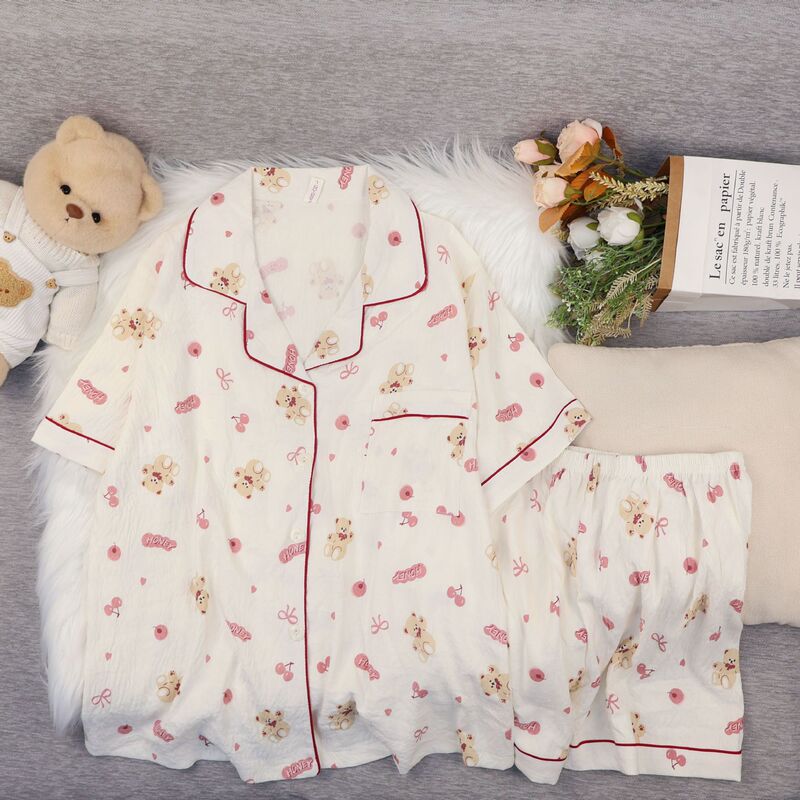 2025 Summer Style Cloud Cotton Pajamas, Sweet and Cute Teddy Bear Short-Sleeved Shorts, Cardigan, Lapel, Home Wear Set 2025 Summer Style Cloud Cotton Pajamas, Sweet and Cute Teddy Bear Short-Sleeved Shorts, Cardigan, Lapel, Home Wear Set