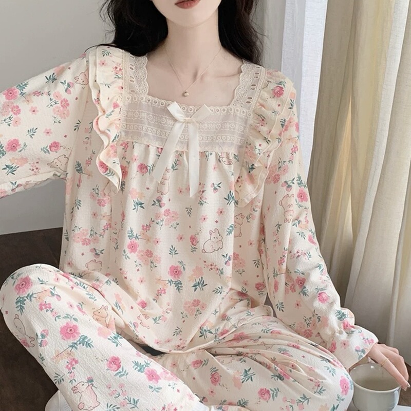 Ins Korean Style Lace Princess Style Bubble Cotton Pajamas for Women with Long Sleeves and Long Pants, Square Collar, Loose and Sweet, Suitable for Students to Wear Outside Ins Korean Style Lace Princess Style Bubble Cotton Pajamas for Women with Long Sleeves and Long Pants, Square Collar, Loose and Sweet, Suitable for Students to Wear Outside