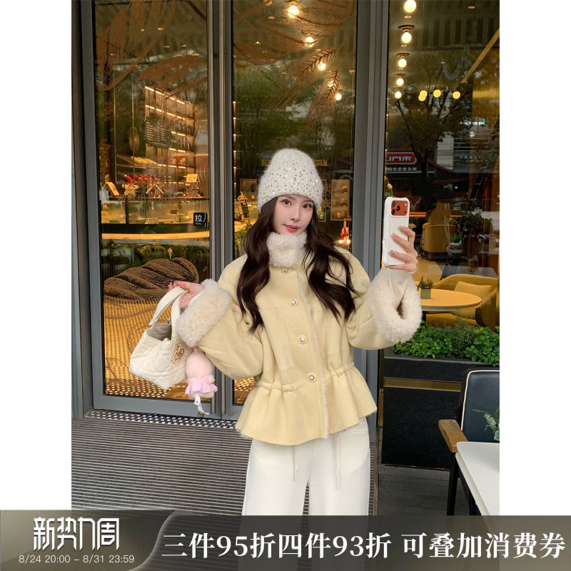 Kun【Kelly Ann】Winter Thickened Fur Coat for Women, Faux Fur One-Piece Waist-Cinching Short Outerwear, New Style