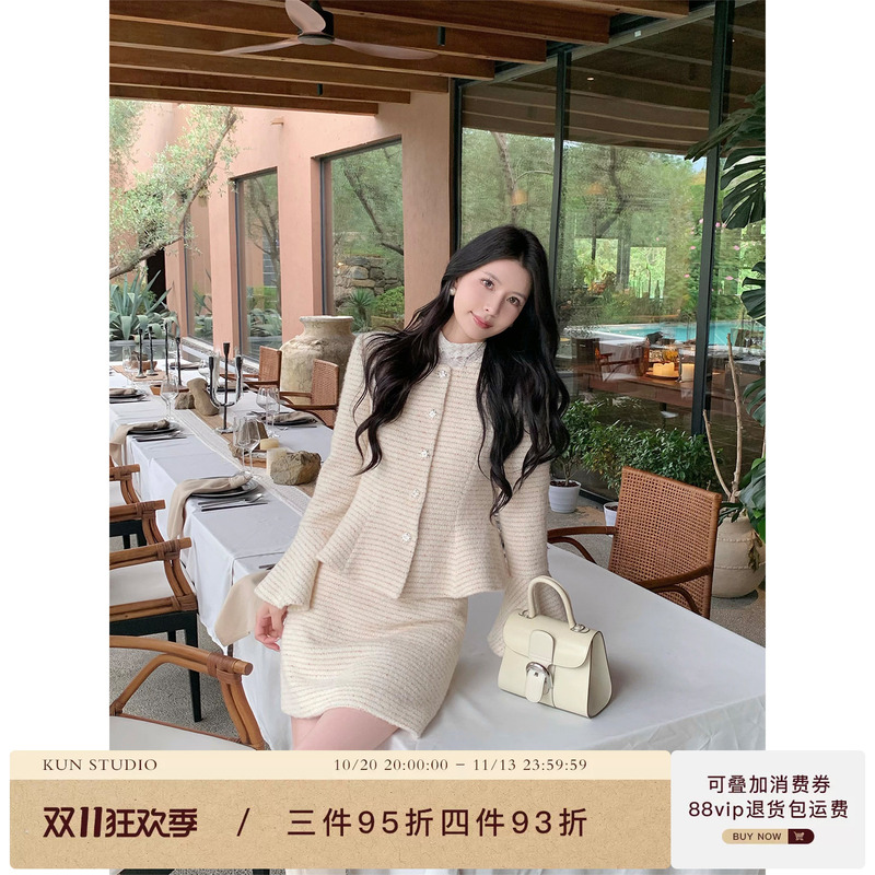 Kun General Kun【Rich Daughter】Rich Daughter Style Wool Suit Women's Long Sleeve Elegant Coat High Waist A-Line Skirt New Style