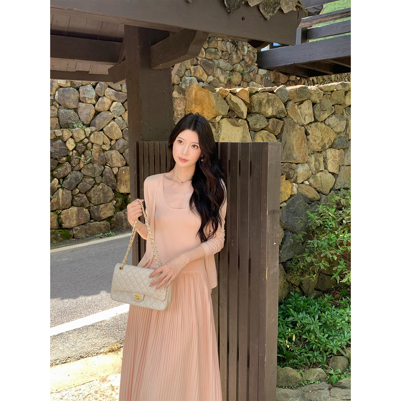 Kun【Venice】Tencel Knit Set for Women, French Short Cardigan and Pink Dress Two-Piece Set