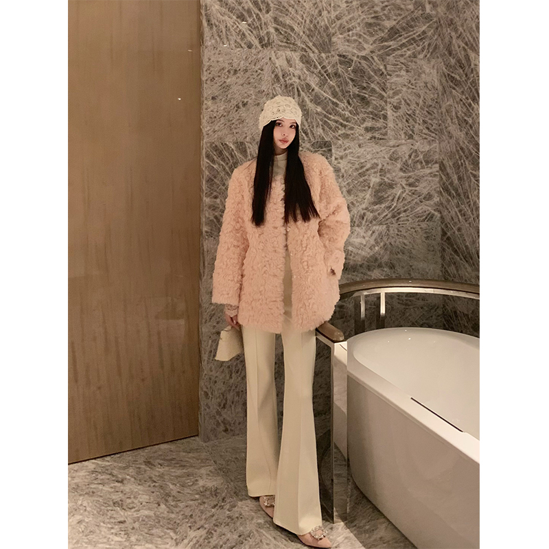 Kun【Katie】Pink Faux Shearling Fur One-Piece Thickened Shoulder-Length Coat for Women, Eco-Friendly Fur, New for Winter