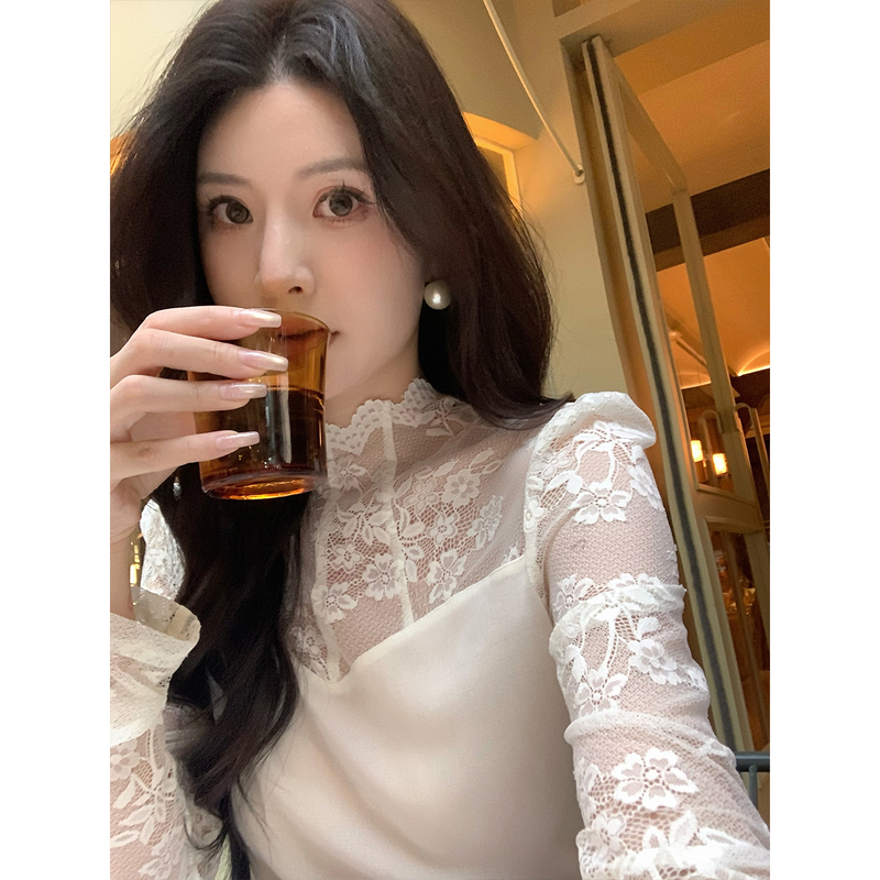 Kun【Luxurious Light and Shadow】Lace Half-High Collar Shirt for Women, White Long-Sleeve Elegant Versatile Top, New Style Kun【Luxurious Light and Shadow】Lace Half-High Collar Shirt for Women, White Long-Sleeve Elegant Versatile Top, New Style