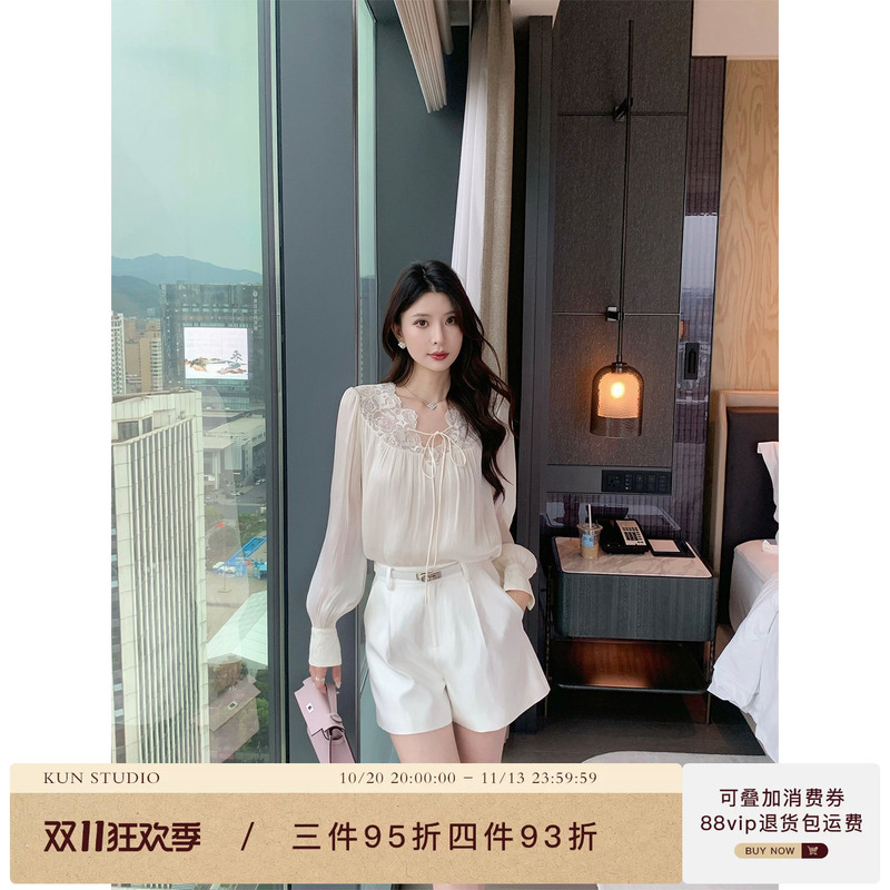 Kun Zong Kun【Light Rose Flowing Light】Beige Long-Sleeved Shirt for Women, Lace Splicing Shirt, Thin and Elegant Top, New Kun Zong Kun【Light Rose Flowing Light】Beige Long-Sleeved Shirt for Women, Lace Splicing Shirt, Thin and Elegant Top, New