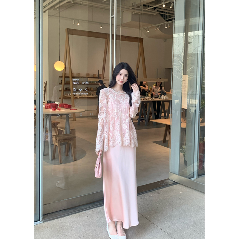 Kunzong【Flower Love】Pink Round Neck Lace Shirt for Women, Stylish and Elegant Long Sleeve Blouse Top, New for Spring Kunzong【Flower Love】Pink Round Neck Lace Shirt for Women, Stylish and Elegant Long Sleeve Blouse Top, New for Spring