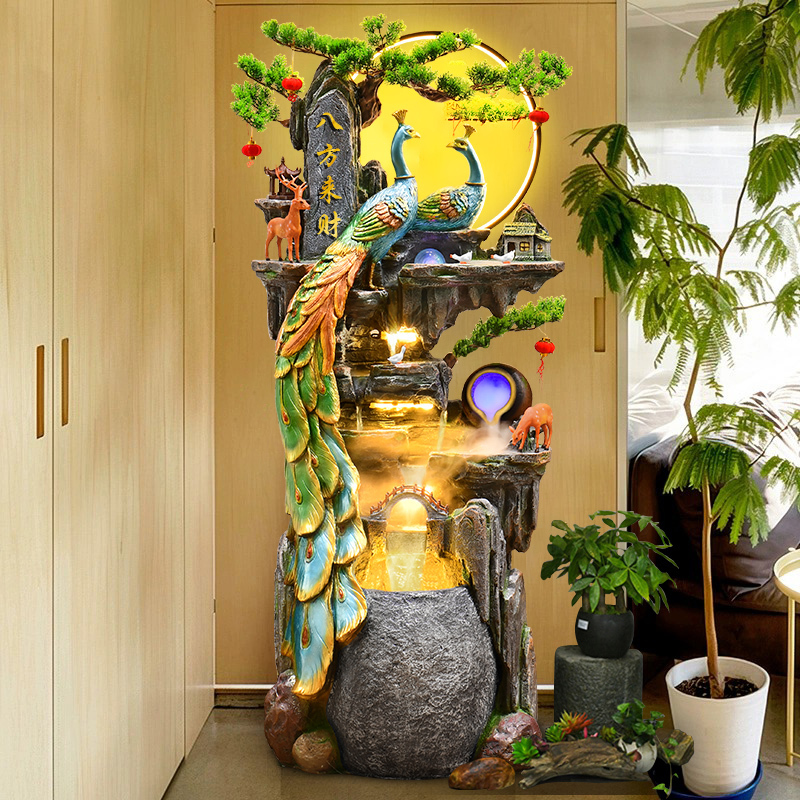 Living Room Mountain and Water Ornaments for Attracting Wealth, Feng Shui Wheel, Opening Gift, Peacock Brings Prosperity, Floor-Standing Rockery Fountain with Circulating Water