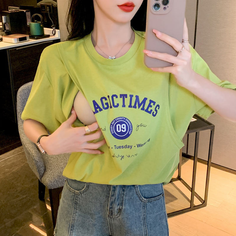 Side-Opening Nursing Top, Short-Sleeved, Pure Cotton, Summer, Slimming for Fashionable Moms, Postpartum, Breastfeeding T-Shirt, Thin and Trendy