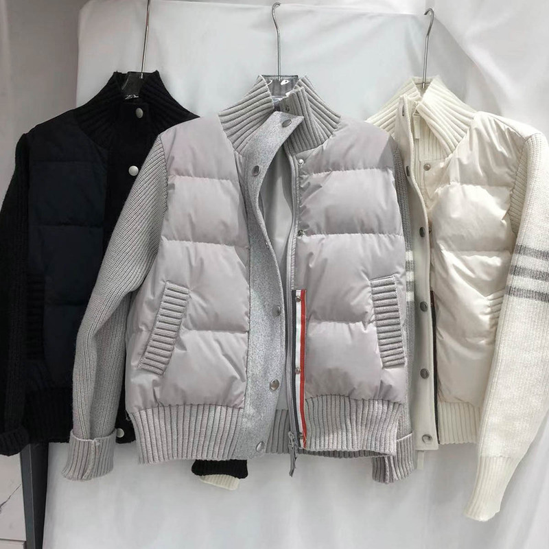 Tb Autumn and Winter Three-Stripe Color-Blocked Striped Knit Patchwork Stand Collar White Duck down Short Casual Women's Jacket Tb Autumn and Winter Three-Stripe Color-Blocked Striped Knit Patchwork Stand Collar White Duck down Short Casual Women's Jacket