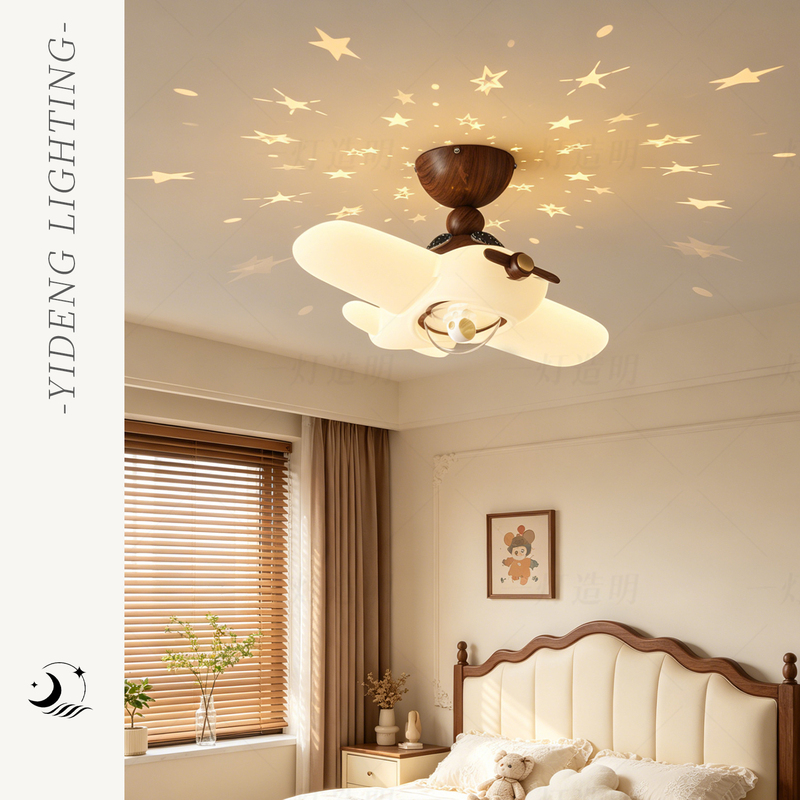 Children's Room Lamp, Cream Style, Airplane Shape, Full Spectrum Eye Protection, Retro Starry Sky Projection, Boy's Bedroom Ceiling Lighting