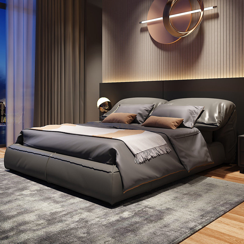 Italian leather bed modern minimalist light luxury leather bed soft bag double bed Nordic minimalist bed master bedroom tatami wedding