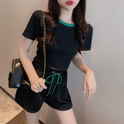 Small man with Korean style fashion sports suit women's summer thin black short sleeves + shorts casual two-piece suit