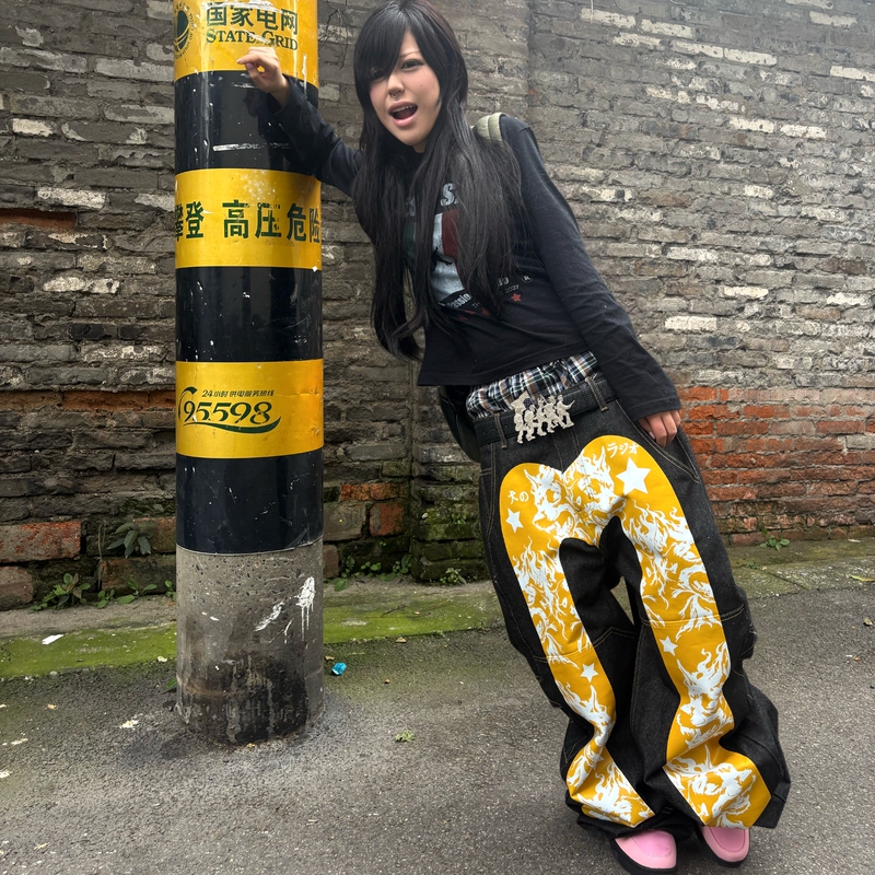 Onesradio* Dog God Fire Arc Parody of the God of Fortune Silhouette Gold Thread Street Subculture 14oz Raw Denim Jeans Onesradio* Dog God Fire Arc Parody of the God of Fortune Silhouette Gold Thread Street Subculture 14oz Raw Denim Jeans