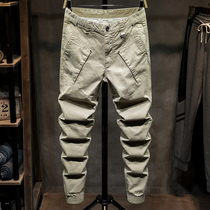 Khaki overalls mens bunched feet Tide brand spring and autumn new cotton stitching slim feet twill casual pants men