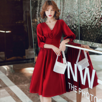 Toast service wine red long sleeve spring and summer 2021 New Home dress bride can usually wear engagement dress slim thin