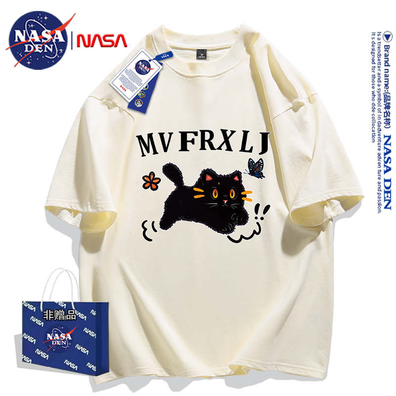 Nasa Collaboration Japanese-Style Print Versatile Trendy Five-Quarter Sleeve Pure Cotton T-Shirt Unisex Summer Oversized Short Sleeve