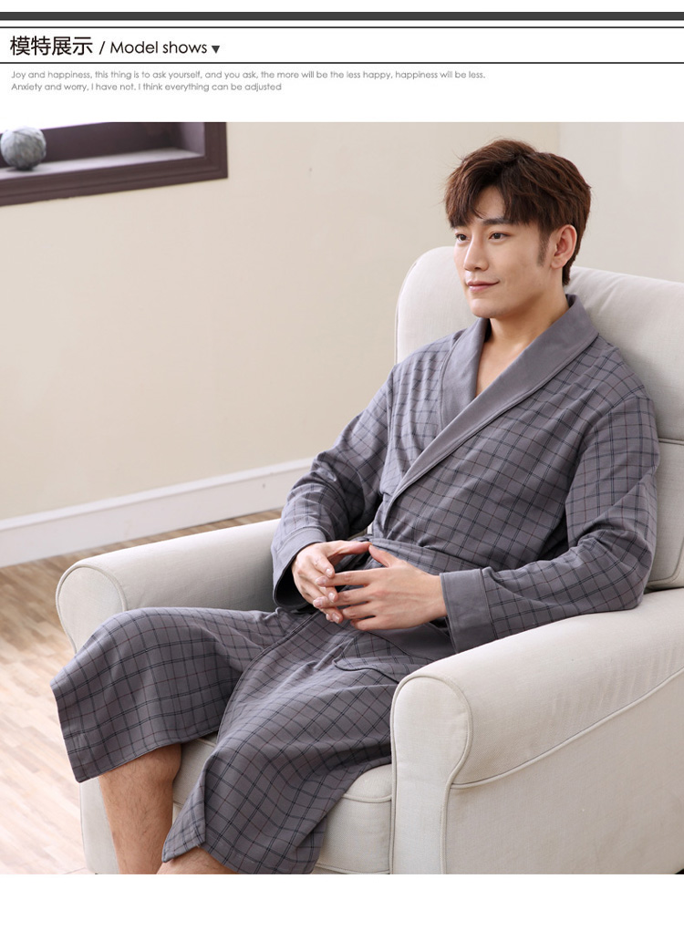 Áo choàng tắm cho nam Áo ngủ nam mùa xuân và mùa thu Mùa hè Đồ ngủ cotton mỏng Tay áo dài Áo choàng tắm cho nam Áo cotton váy ngủ nam mùa đông