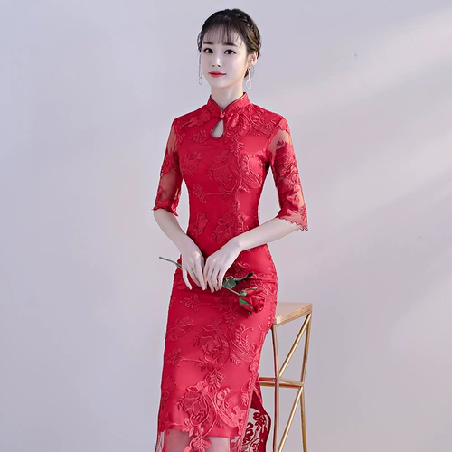 Вечернее платье, свадебное платье, красное длинное ципао, коллекция 2021, облегающий крой, китайский стиль