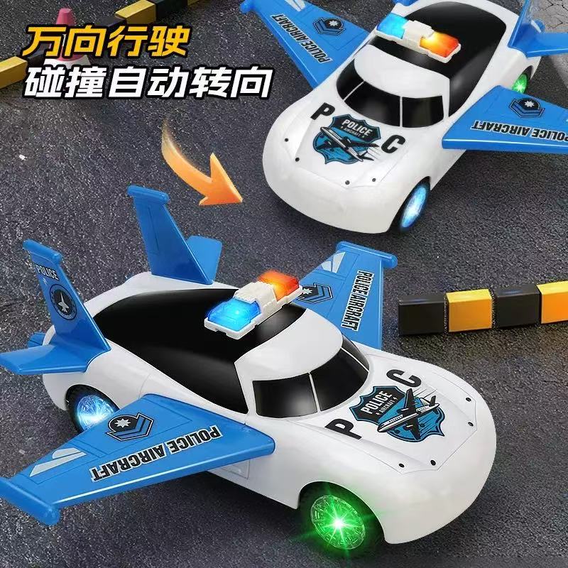 Electric Universal Opening Door Police Car with Lights and Music, 360-Degree Rotating Universal Aircraft, Rotating Fighter Jet Military Toy