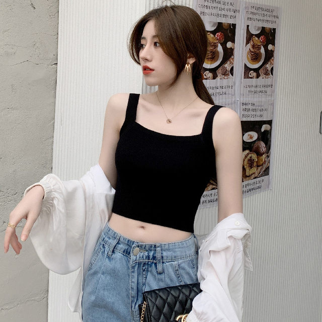 Navel exposed knitted camisole women's summer outer wear slimming inner layering shirt short ice silk sleeveless top