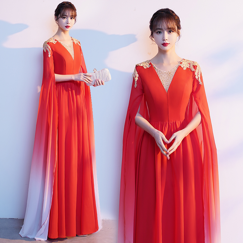 Guzheng Performance Clothing for Women, Elegant Stage Banquet Conductor Costume, Adult Chorus Performance Red Song Women's Long Dress