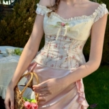 蕾诗莓 Топ с чашкой Rose Cake, бежевый, с цветочным принтом, во французском стиле, милая женская одежда на одно плечо, лето 2025, новый стиль