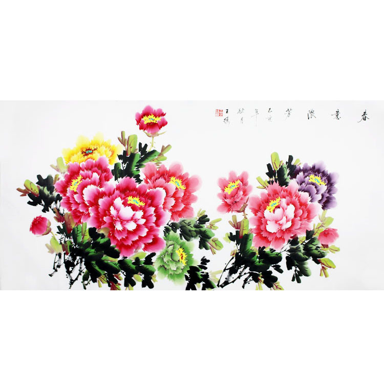 Peony Thu Wang embroidered bird character painting 4-feet banner with Chinese painting Calligraphy Art Painting of the Living Room Book Room Dining Room Dining Hall Decoration Hanging Painting